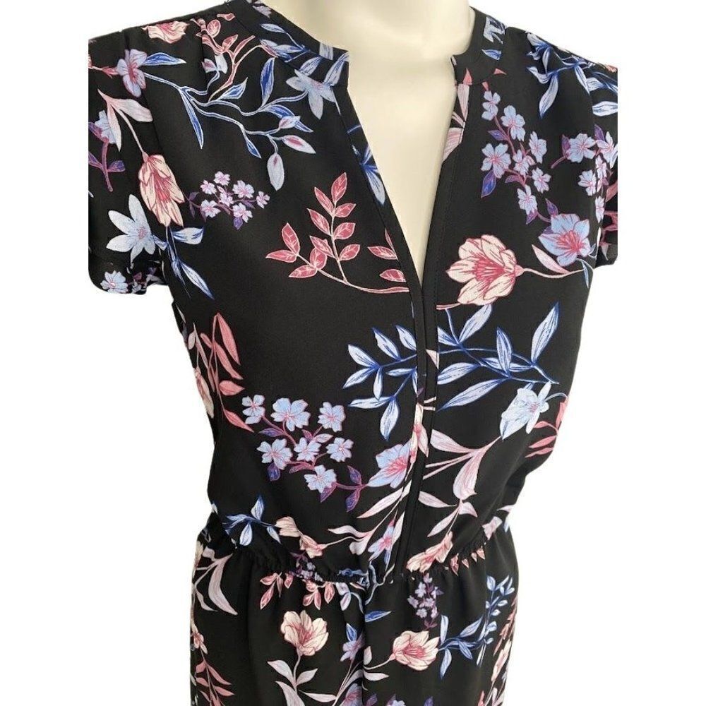 ELLE Black Pink Floral Split Neckline A Line Dress Sz Medium - Picture 2 of 8
